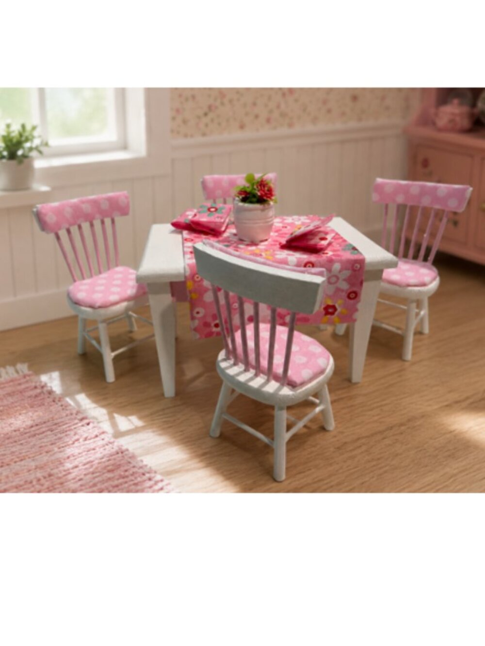 Dollhouse Miniature Dining Table 4 Chairs Pink White Hand Painted Wood Set 1:12 - Picture 7 of 9